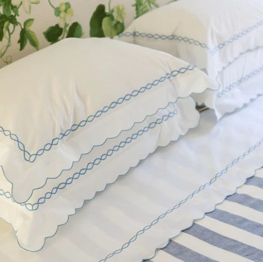 Embroidered Pure Cotton Sheet Sets with Scallop Edge - Blue