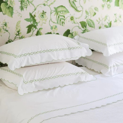 Embroidered Pure Cotton Sheet Sets with Scallop Edge - Green